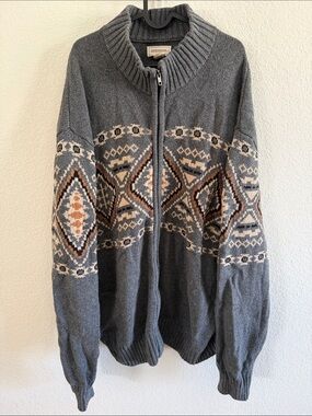 Stetson Gray Zip-Up Fair Isle Sweater with Cream & Brown Accents